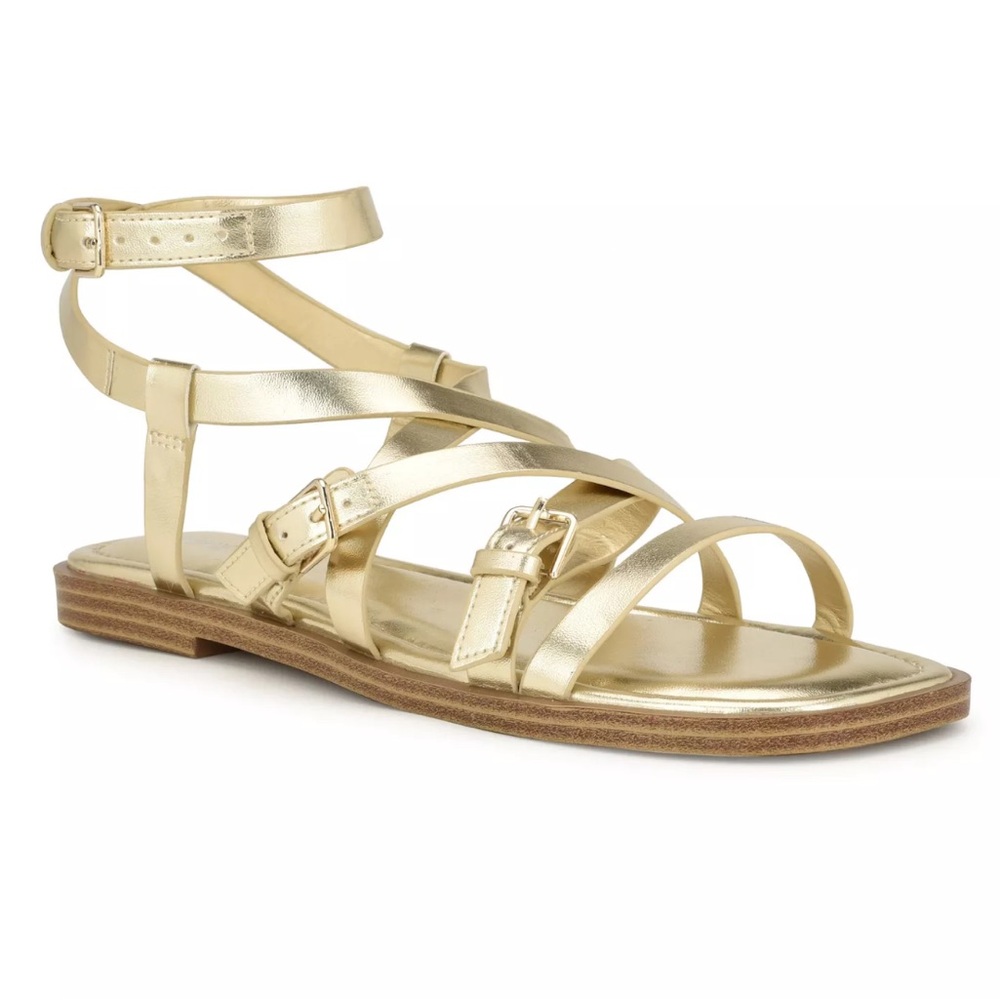 Nine West Metallic Gold Strappy Ankle Buckle Sandals